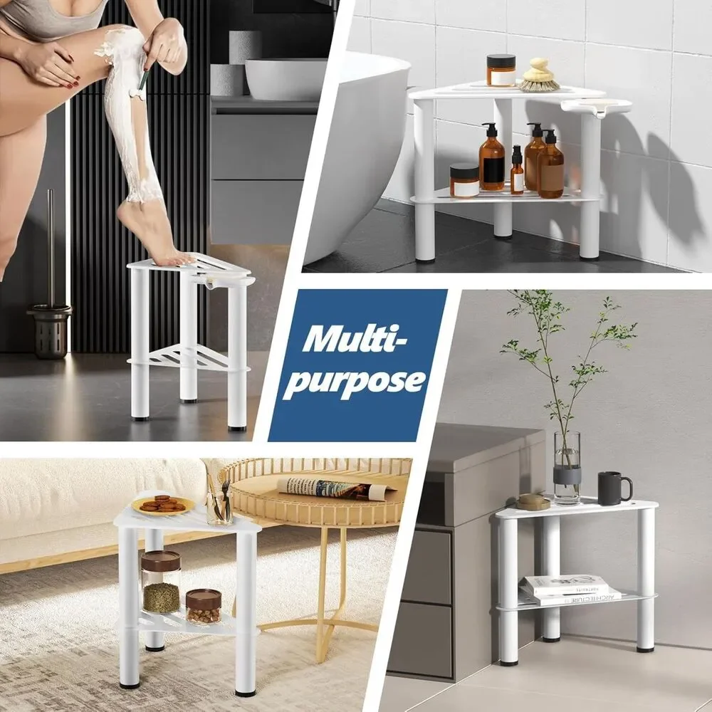 White Metal Corner Shower Foot Stool with Shelf & Soap Box